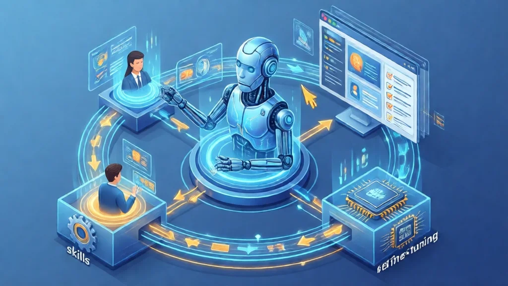 Isométrico de um agente de IA no centro de um loop de aprendizado contínuo, com usuários em interfaces de software e saídas em skills, evals e fine-tuning.