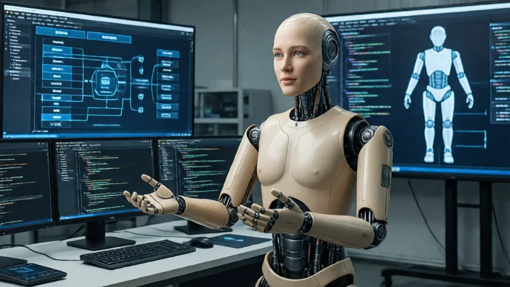 Robô humanoide com pele flexível e mãos articuladas em um laboratório de desenvolvimento, com telas de código e diagrama do corpo do robô ao fundo