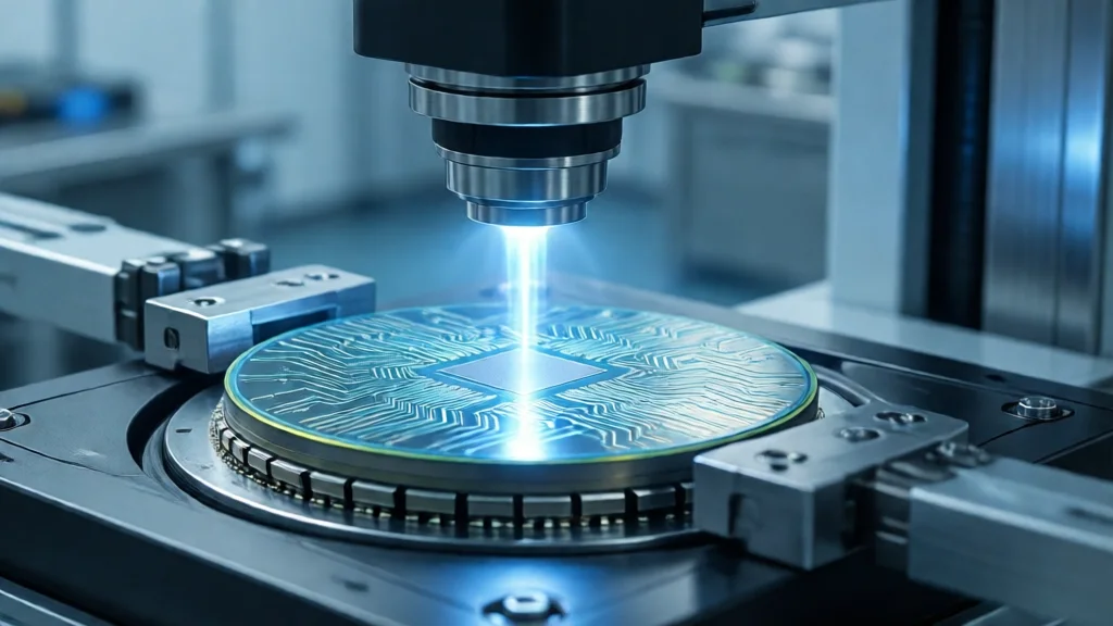 Máquina de inspeção por raio-X em ambiente de cleanroom escaneando um wafer de semicondutor com feixe azul, braços mecânicos de precisão ao redor