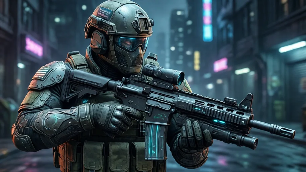 Soldado futurista com rifle de alta tecnologia