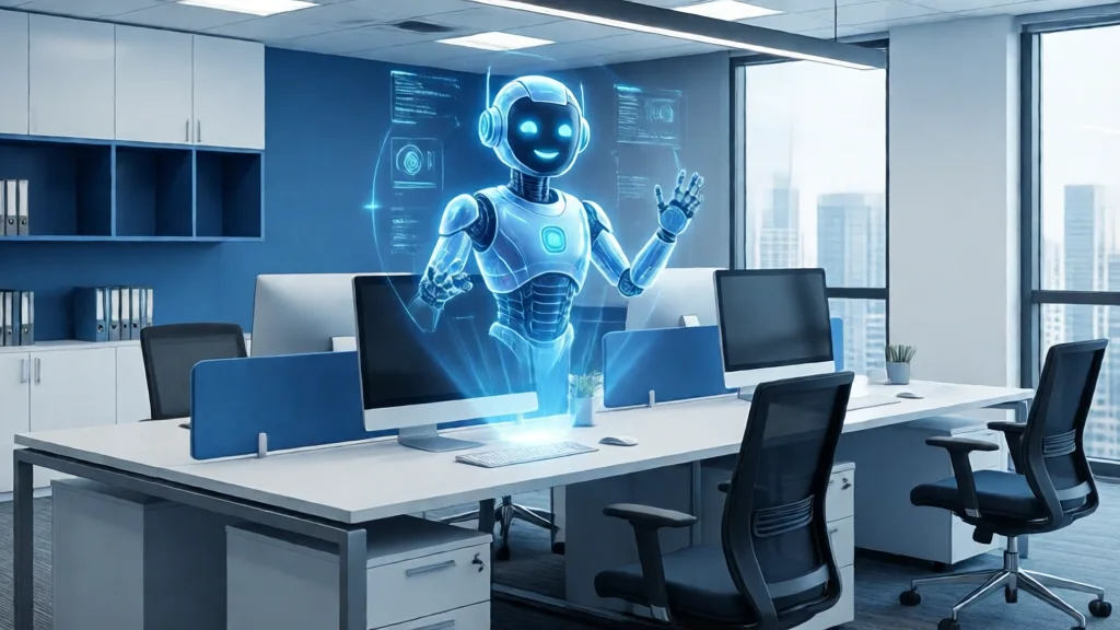 Assistente de IA holográfica flutuando sobre mesa de escritório com monitores