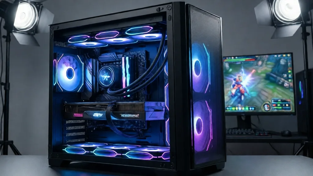 PC gamer com placa de vídeo visível e iluminação RGB azul e roxa