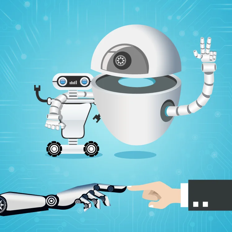 Robôs de IA e mãos humanas em contato, simbolizando a interação entre sistemas de IA autônomos e a segurança digital