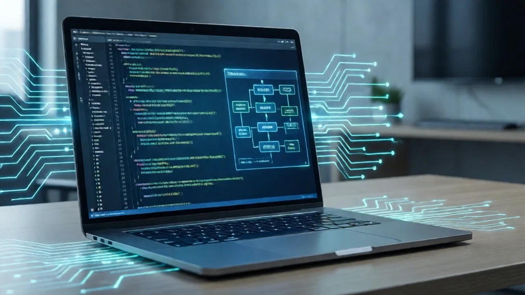 Laptop com código e fluxos de agente de IA na tela