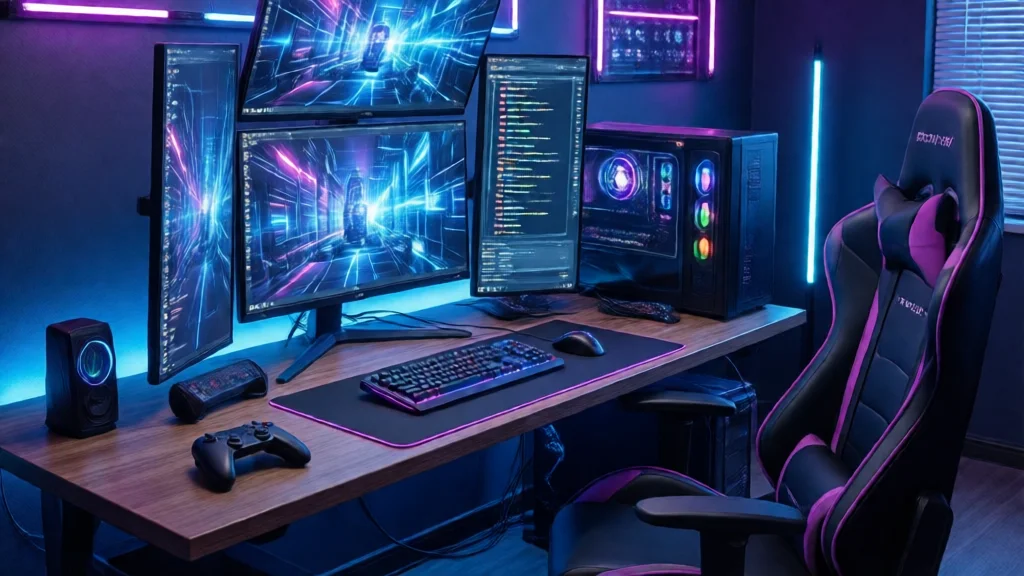 Setup de jogos com múltiplos monitores, controle de jogo, iluminação neon