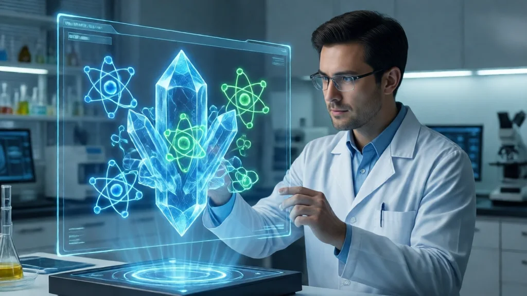 Cientista em laboratório moderno examinando estrutura cristalina 3D holográfica em display transparente, ligações atômicas brilhando em azul e verde