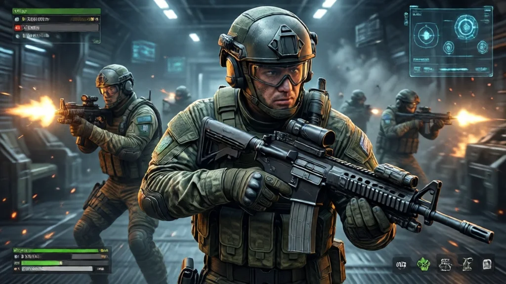 Cena de FPS futurista, soldados em equipamento militar, armas, ambiente intenso