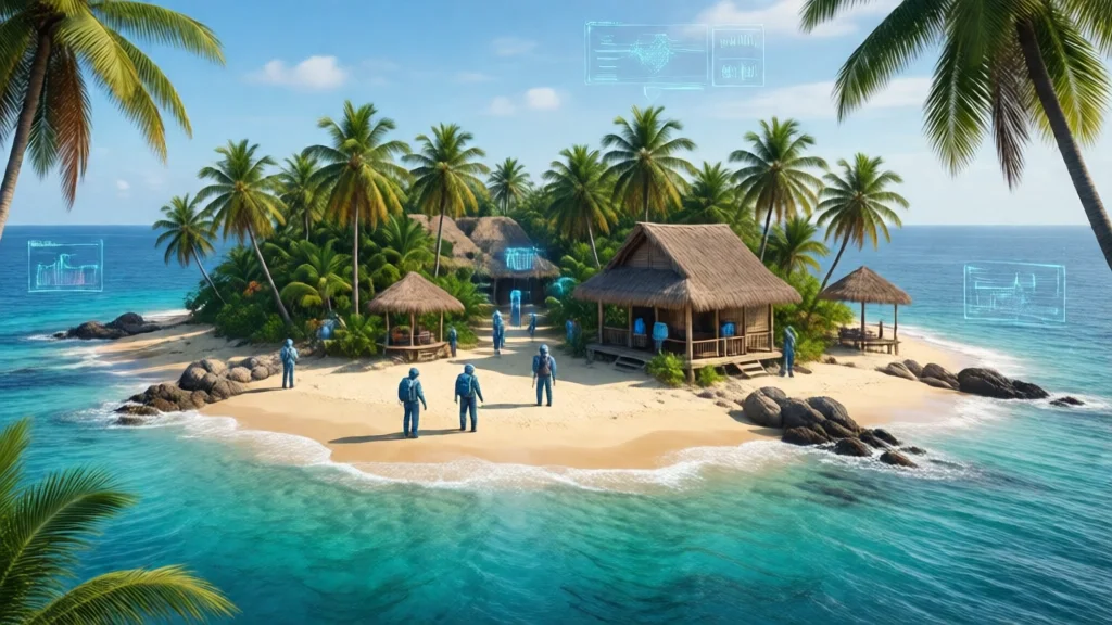 Ambiente de ilha desértica virtual, modelo de IA explorando a paisagem