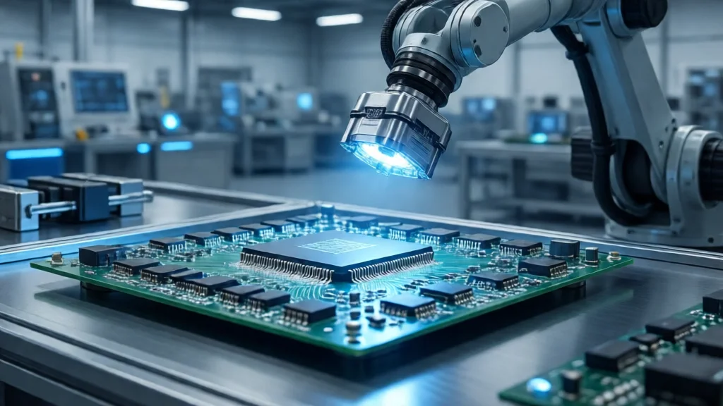 Inspeção de placa de circuito com robô industrial