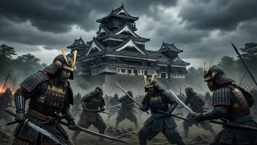 Cena medieval japonesa com samurais e um castelo ao fundo sob céu tempestuoso