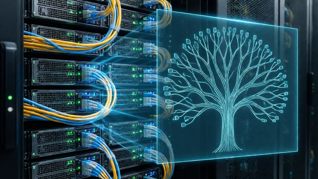 Cluster de GPU em data center com overlay abstrato de árvore de trajetórias, representando o framework de RL elástico QwenGyre para agentes de horizonte extremo