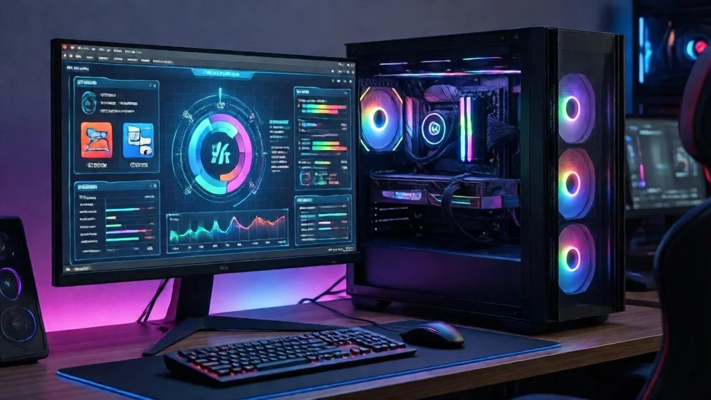 Setup de PC gamer com iluminação RGB, overlay de monitoramento, ícones de software