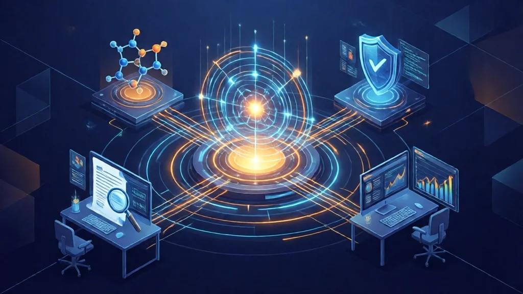 Ilustração de um núcleo de IA central irradiando conexões para workstations de molécula, escudo de cibersegurança, documento legal e gráfico financeiro