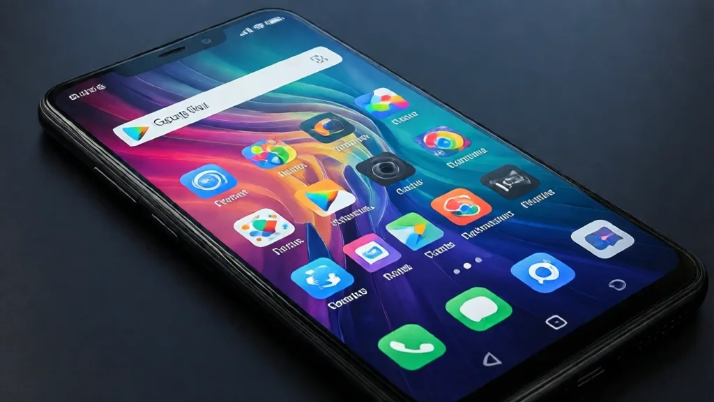 Smartphone com ícones coloridos de aplicativos
