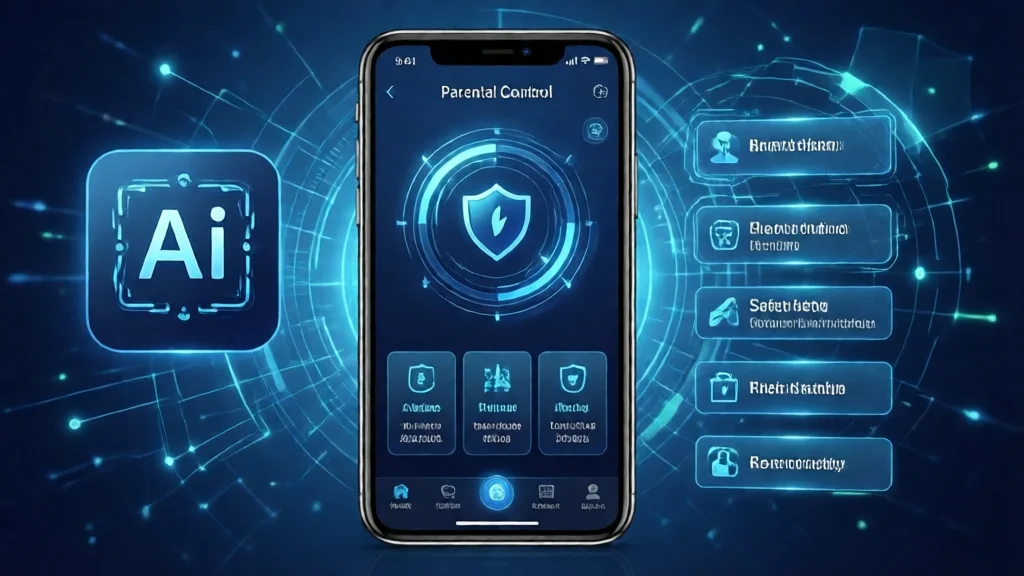 Smartphone com interface de controles parentais, ícone de app de IA