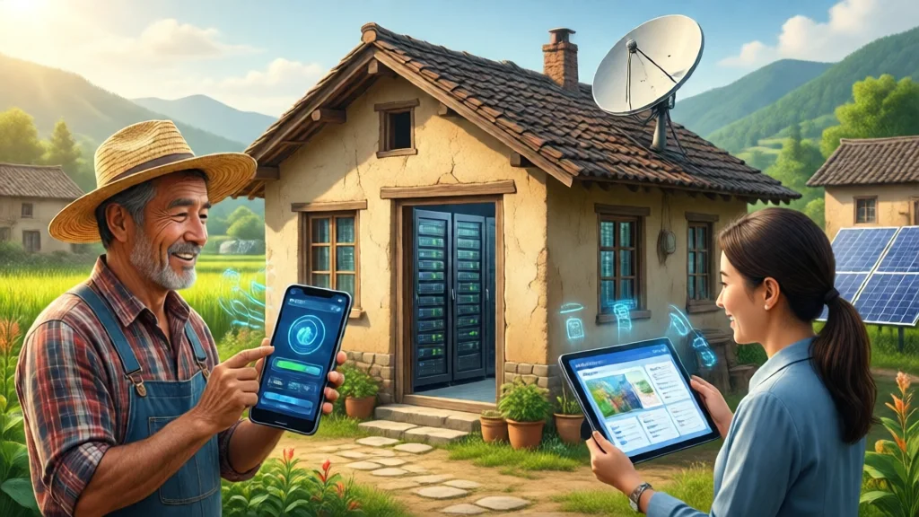 Vila rural com servidor local, agricultor usando smartphone com IA, professor com tablet, painel solar