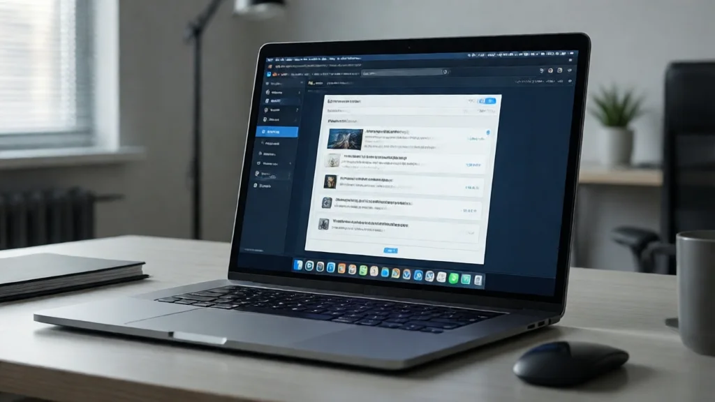 Notebook moderno com tela grande em uma mesa minimalista com iluminação suave