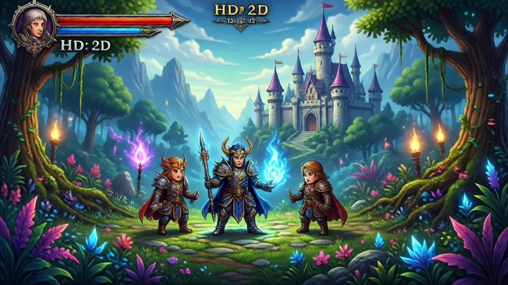 Cena de RPG com personagens pixel art
