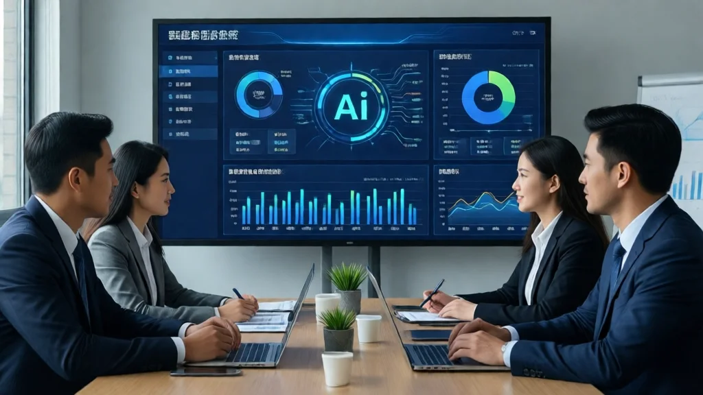 Equipe de marketing usando ferramentas de IA, dashboard com analíticos