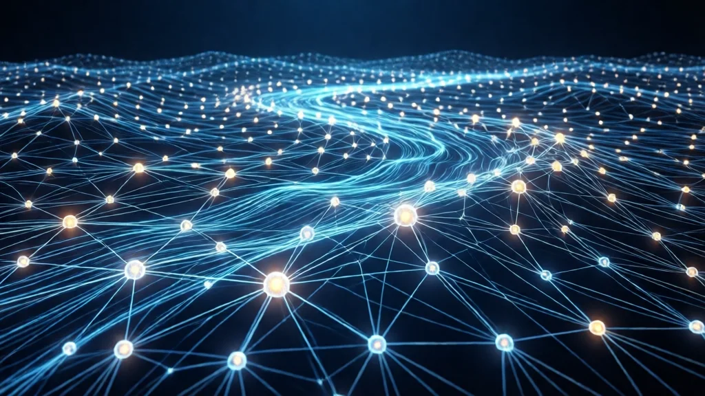 Visualização abstrata de uma grande rede neural com milhares de nós conectados por fios luminosos