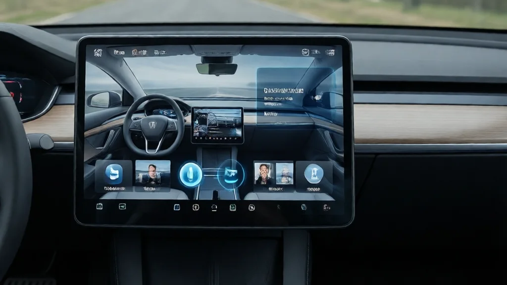 Painel de carro moderno com tela grande mostrando interface de assistente de voz