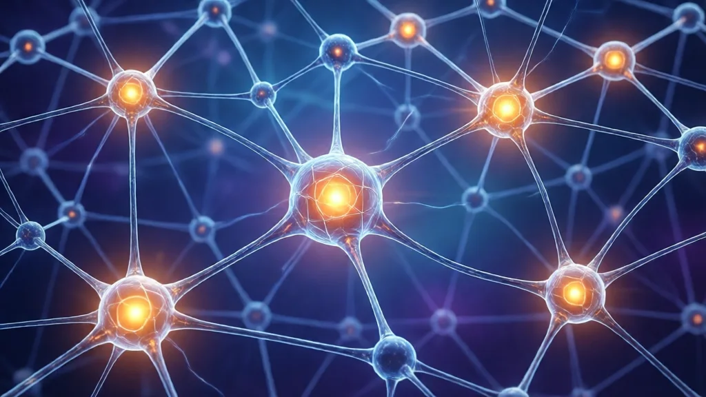 Visualização abstrata de rede neural com nós de memória ativos em âmbar