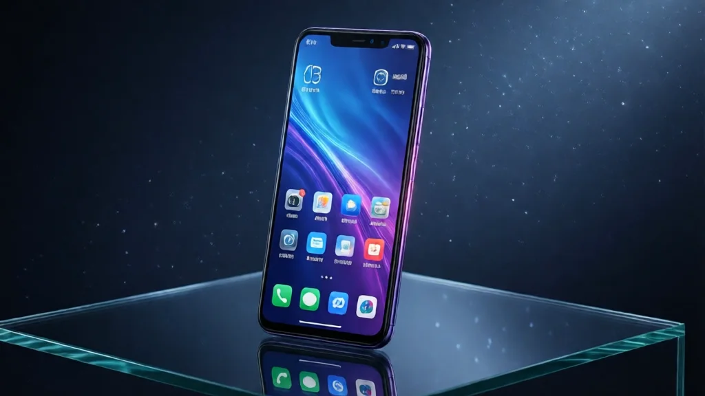 Smartphone premium com tela acesa sobre superfície de vidro mostrando a interface do sistema