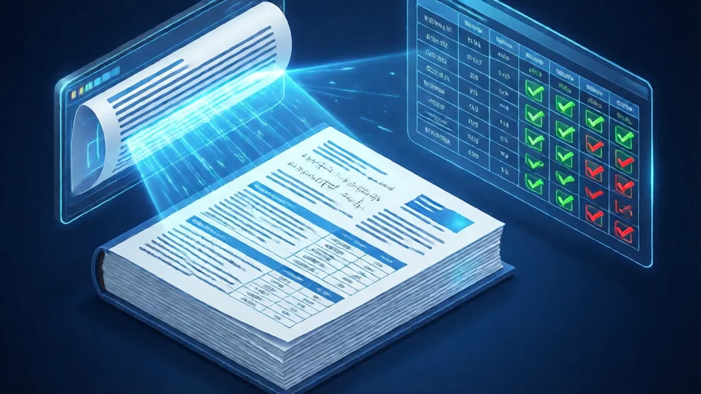Documento digital sendo processado por um sistema de OCR com painel de resultados pass/fail