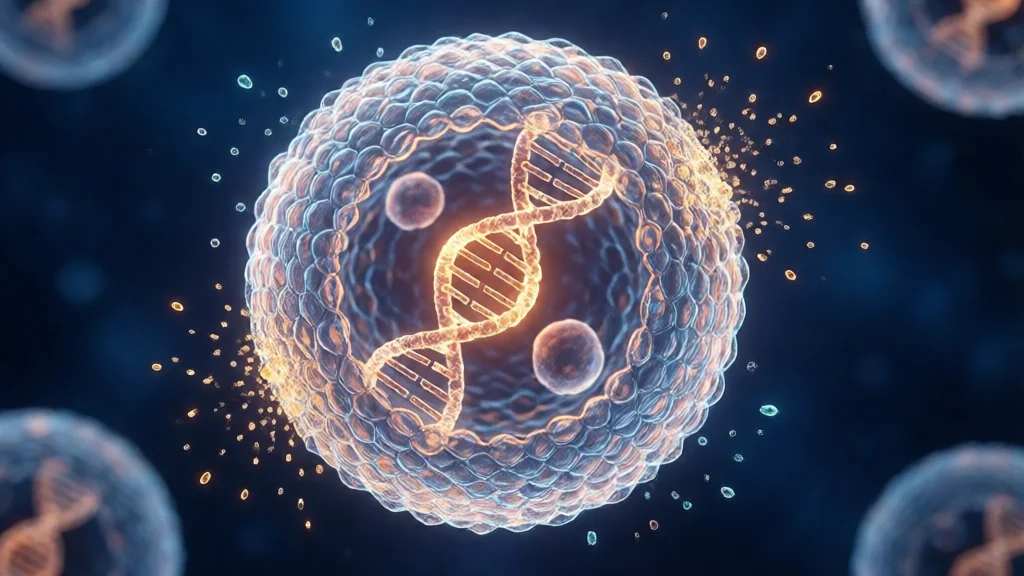 Célula humana com núcleo protegido por uma camada de proteína Dsup brilhante
