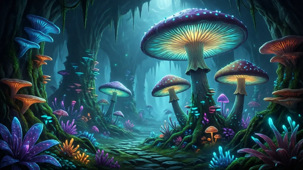 Mundo subterrâneo fúngico com cogumelos bioluminescentes