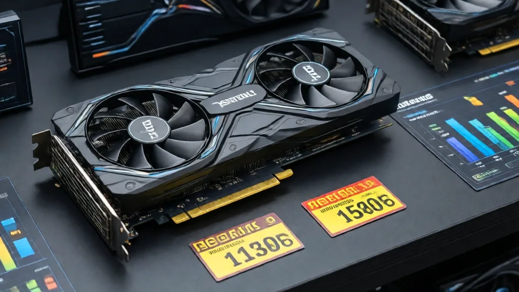 GPU moderna sobre mesa, etiquetas de preço e gráficos de comparação