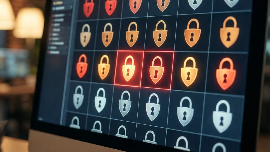 Tela de computador mostrando uma grade de ícones de patch de segurança com destaques em vermelho e âmbar