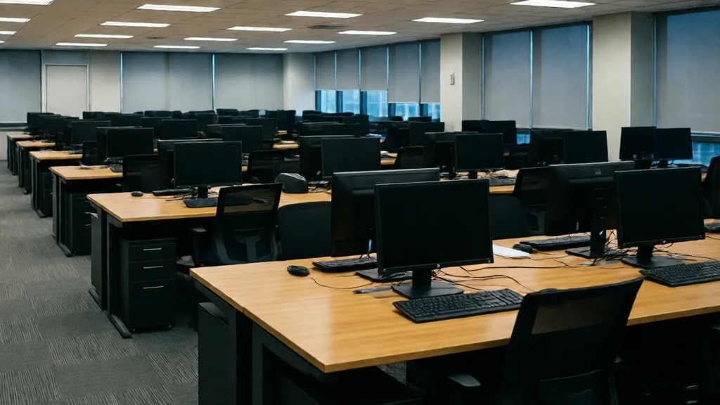 Escritório vazio com fileiras de mesas e monitores, iluminação suave, ambiente corporativo