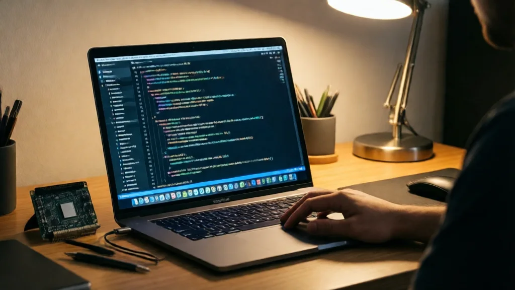 Área de trabalho de desenvolvedor com laptop e SBC ARM