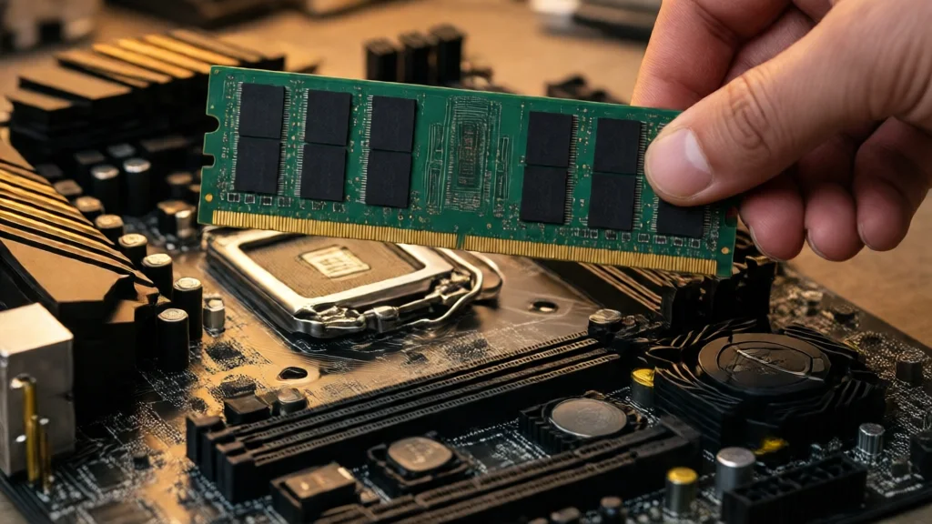 Modulos de memoria DDR5 sendo instalados em uma placa-mae
