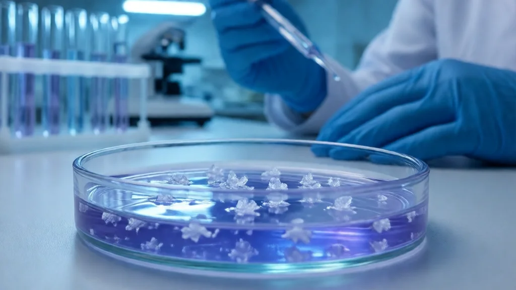 Linha de pesquisa de laboratório com uma placa de Petri contendo líquido azul-escuro e cristais suspensos