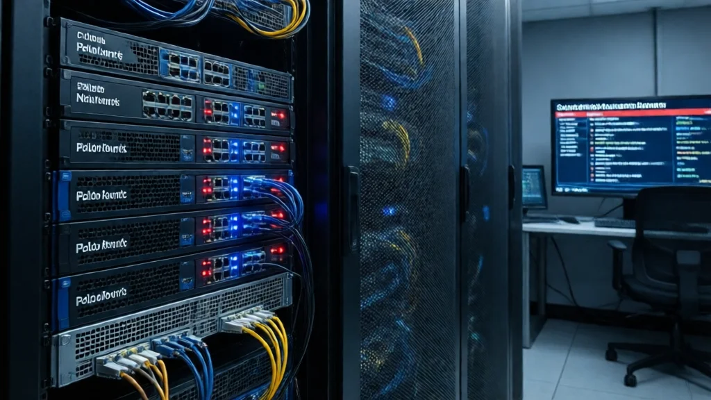 Firewalls Palo Alto Networks em um data center com alertas de vulnerabilidade em um monitor