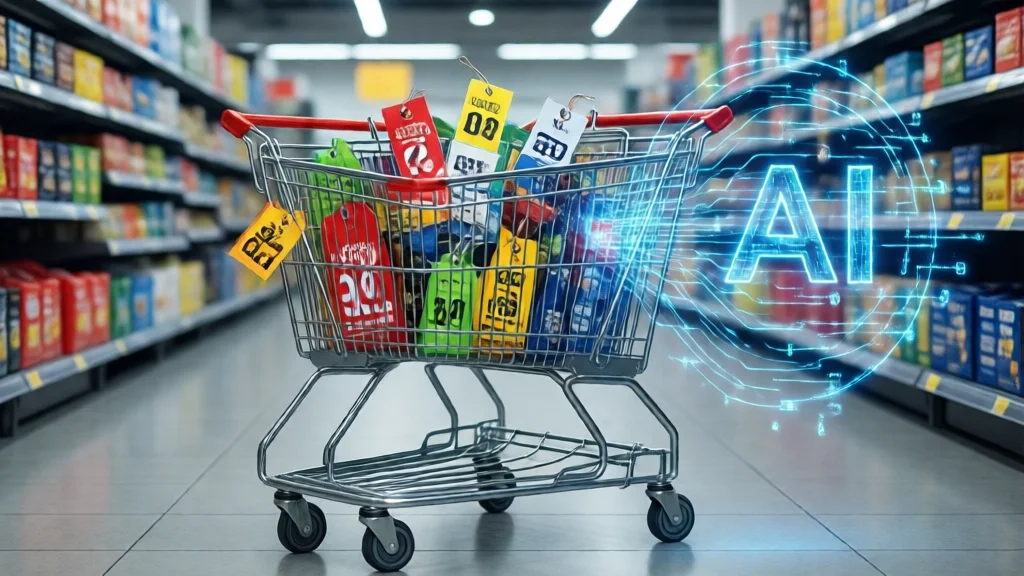 Carrinho de compras com etiquetas de preço, visualização de algoritmo de IA