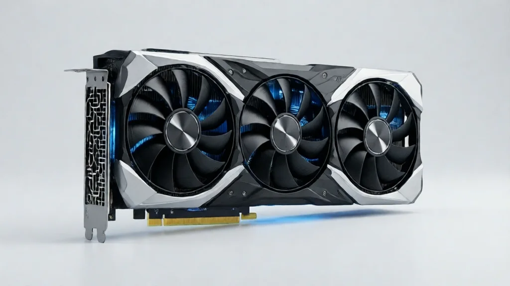 Placa de vídeo moderna com design prateado e preto, três ventiladores e módulos de memória com brilho azul sutil, fotografia de produto em fundo claro — conceito de GPU de alta capacidade com 24 GB de VRAM