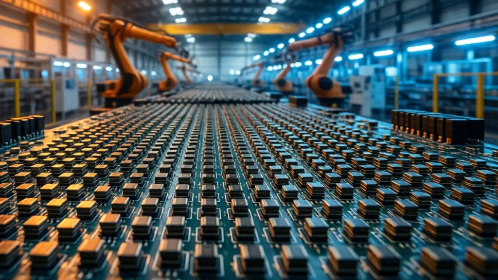 Placa de circuito (PCB) repleta de capacitores cerâmicos e resistores de superfície, com braços robóticos e fábrica industrial ao fundo, simbolizando a demanda recorde da IA por componentes passivos.