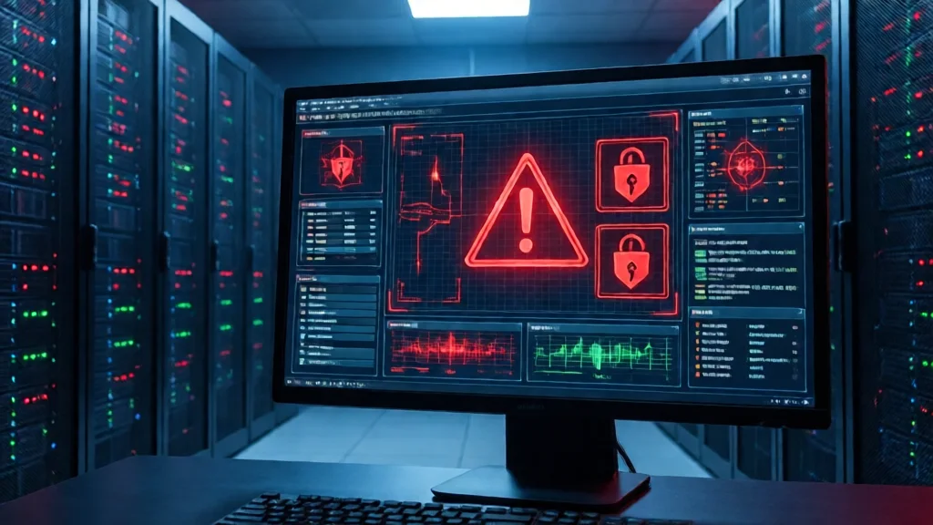 Central de operações de segurança com alerta vermelho em monitor e racks de servidores