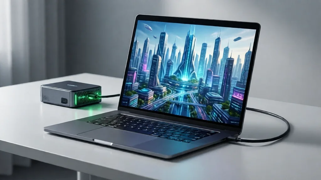 Laptop fino com tela mostrando render 3D, conectado a um dock externo com GPU, sobre mesa branca minimalista