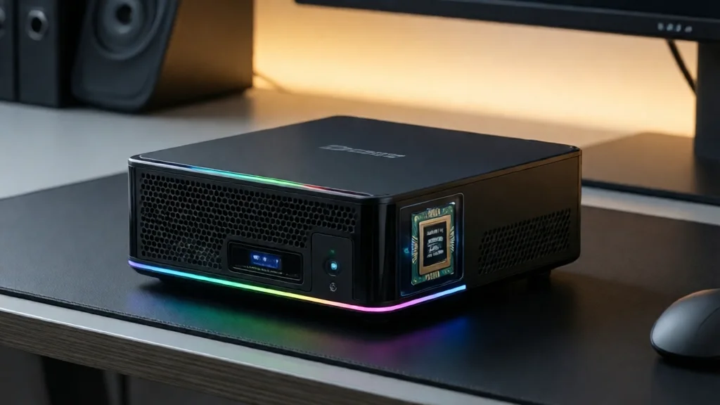 Mini PC compacto e elegante em uma mesa moderna, com iluminação RGB sutil e setup minimalista, mostrando o processador visível através de um painel lateral transparente