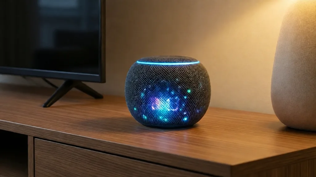 Alto-falante inteligente compacto com LEDs brilhantes em uma estante de sala