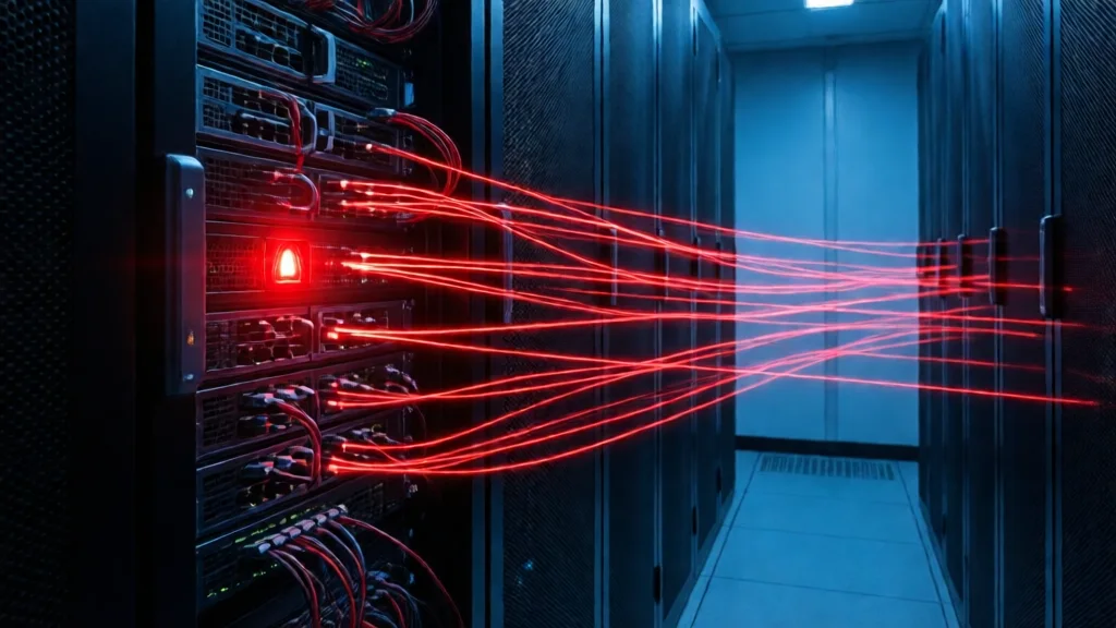 Servidor de gateway em um data center com luz de alerta vermelha e fluxos de dados não autorizados