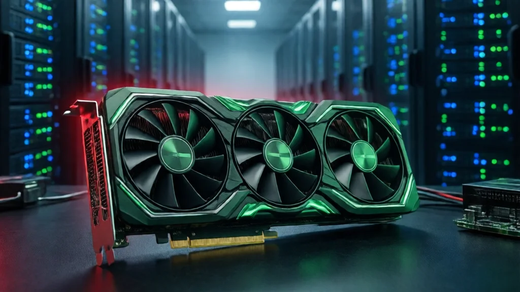 Placa de vídeo gaming de alto desempenho com PCB verde em primeiro plano, com racks de data center e LEDs azuis e verdes ao fundo, conceito de priorização de chips de IA sobre GPUs de consumo