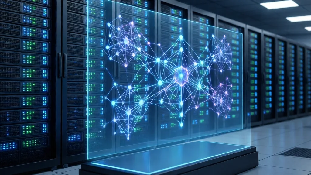 Data center moderno com racks de servidores e um holograma de rede neural em primeiro plano