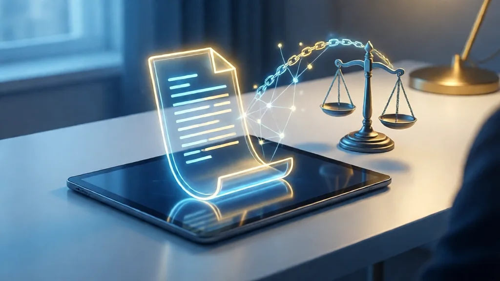Ilustração de um documento jurídico holográfico sobre um tablet, com uma balança da justiça ao lado, representando trabalho jurídico assistido por IA