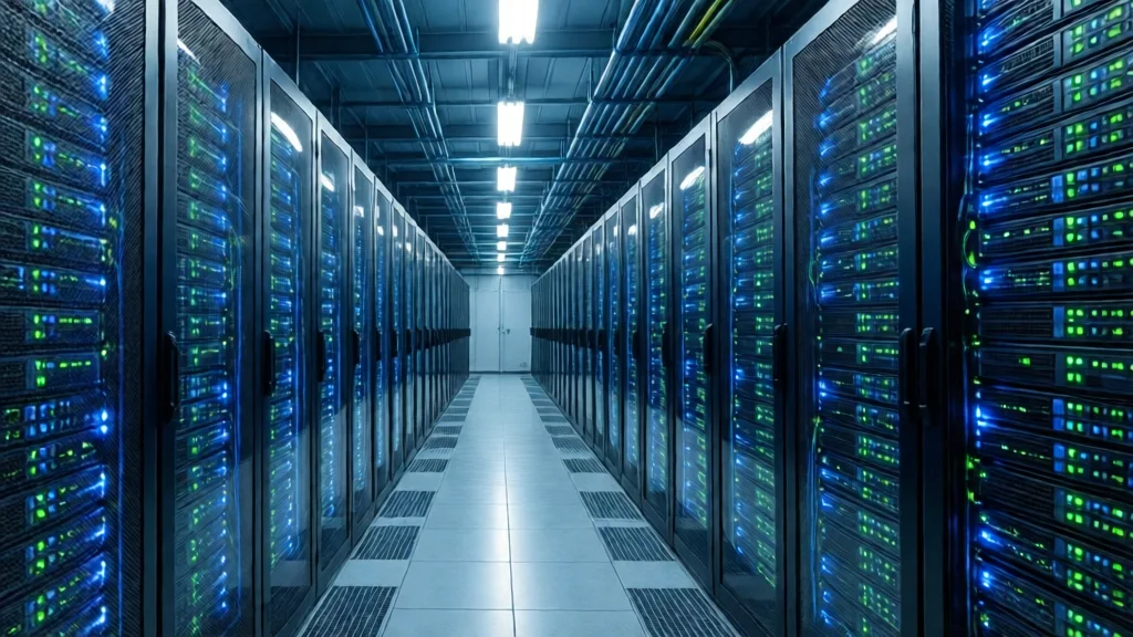 Interior de um data center com fileiras de racks de servidores iluminados em azul e verde