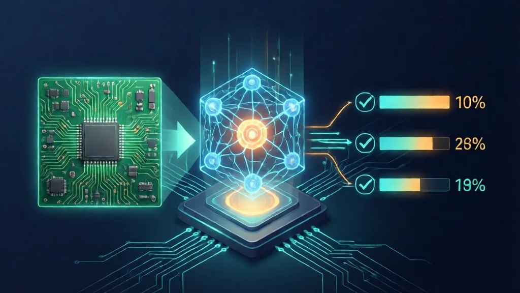 Ilustração de um modelo de decisão processando uma placa de circuito e devolvendo barras de probabilidade